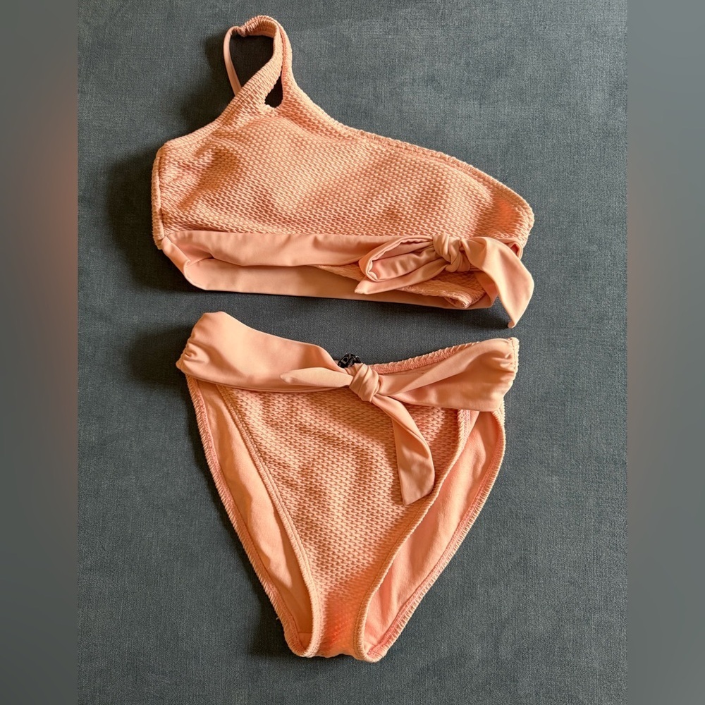 Ibiza One Shoulder Bikini Peach Textured Bow High Waisted Coverage Adjustable